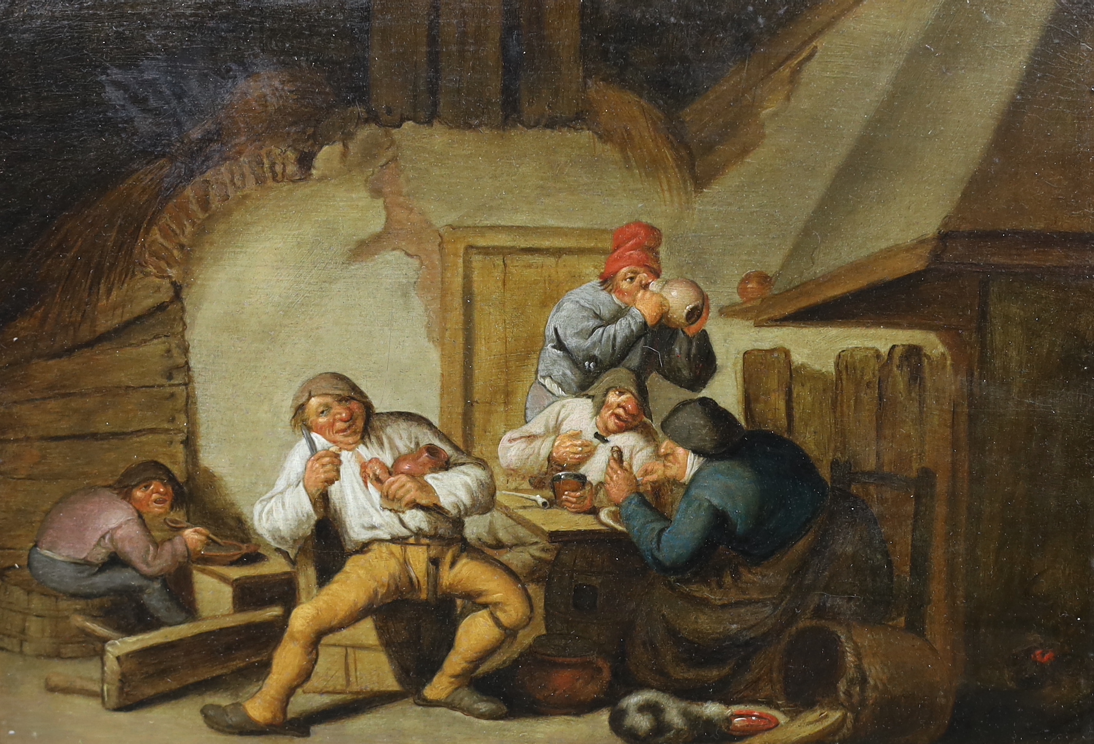 Attributed to Anthonie Victoryns (Flemish, 1620-1656), Tavern interior with figures carousing and drinking, oil on panel, 22 x 31.5cm, Please note this lot attracts an additional import tax of 5% on the hammer price